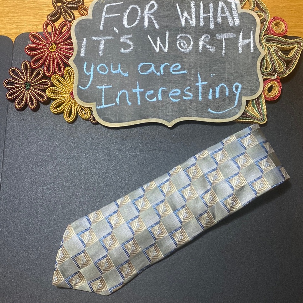 Ryan Seacrest Distinction Men’s Silk Necktie - Blue & Beige Geometric Pattern